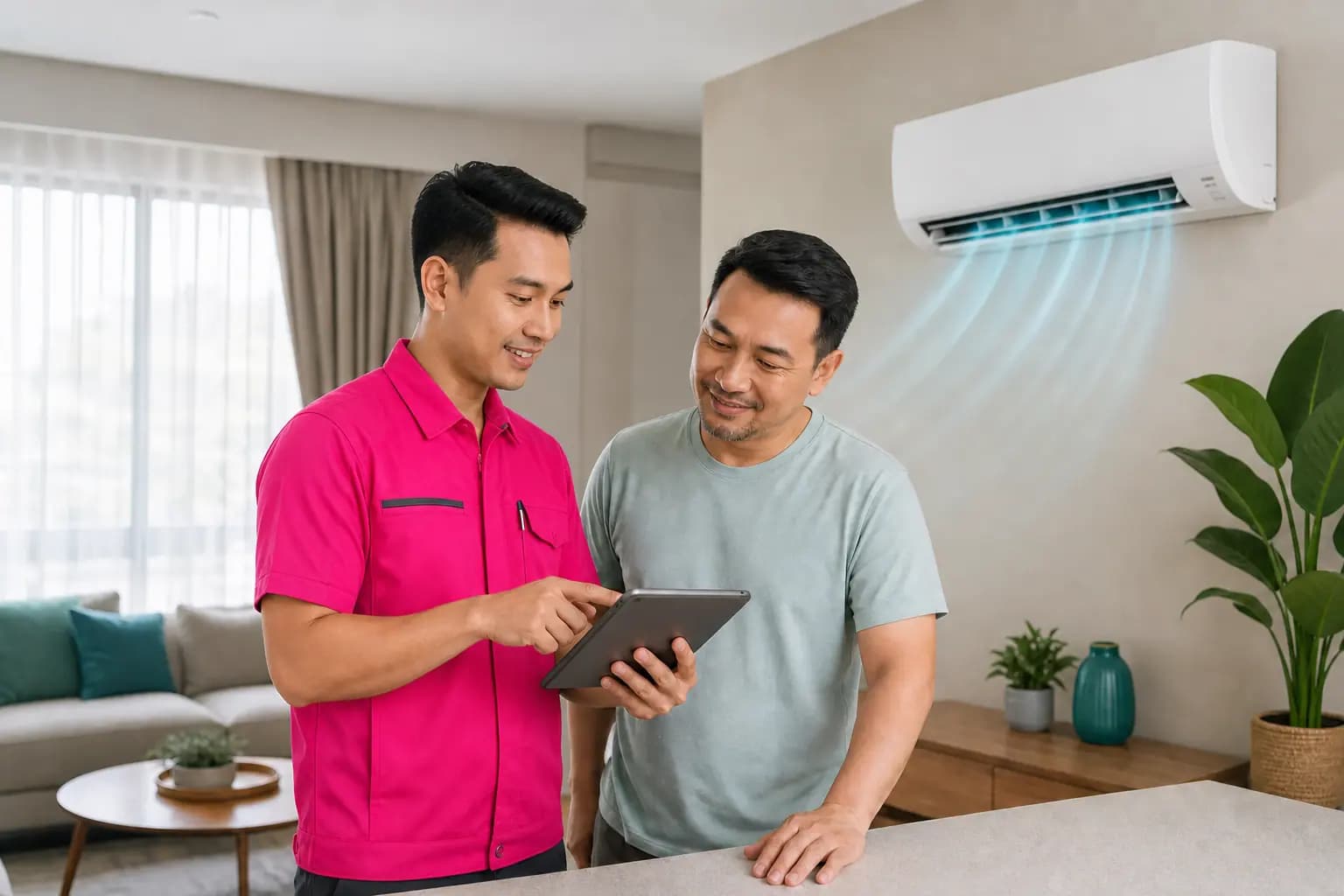 Aircond technician explaining an inspection plan to a homeowner before booking