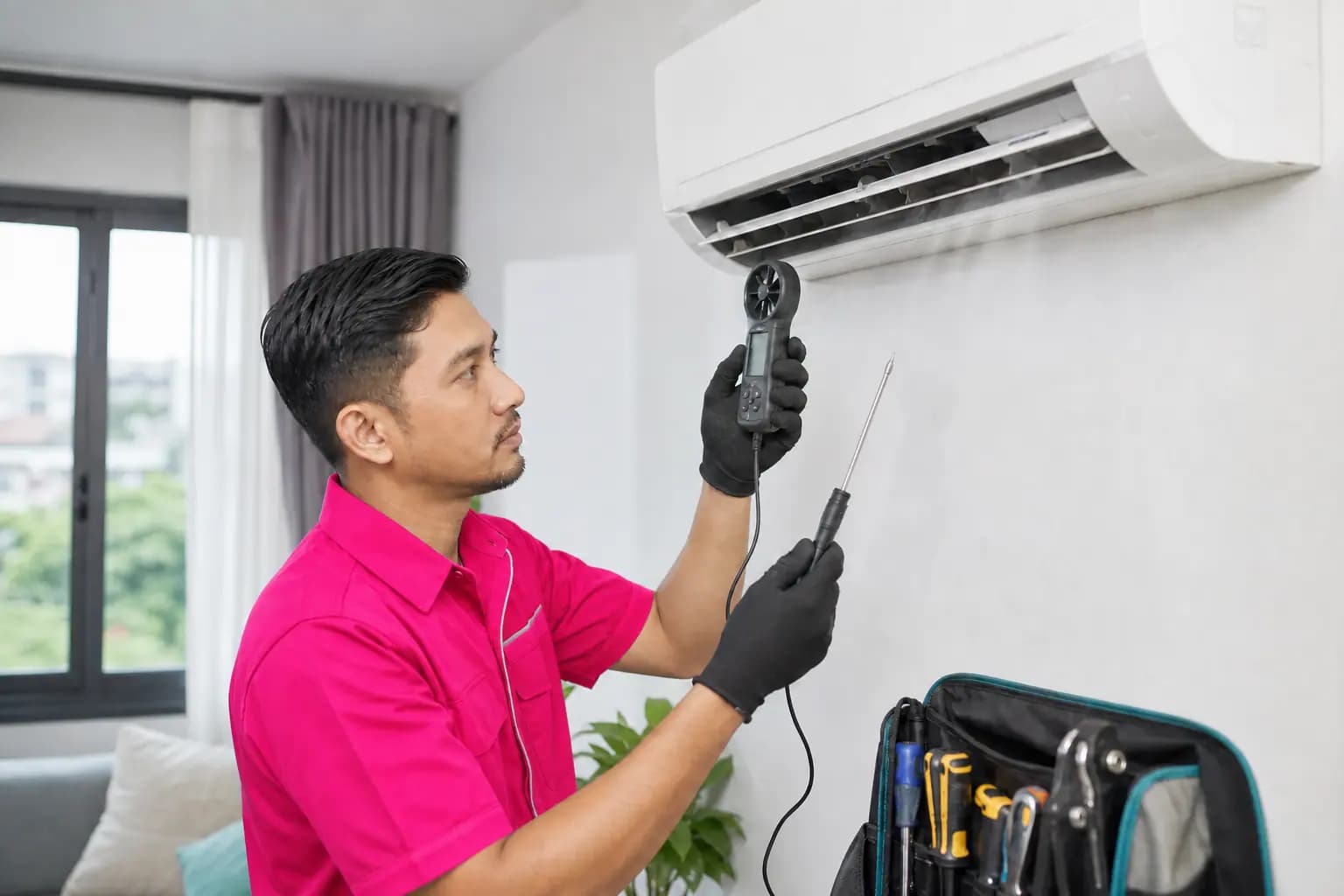 Technician measuring weak airflow while diagnosing an air conditioner that is not cooling