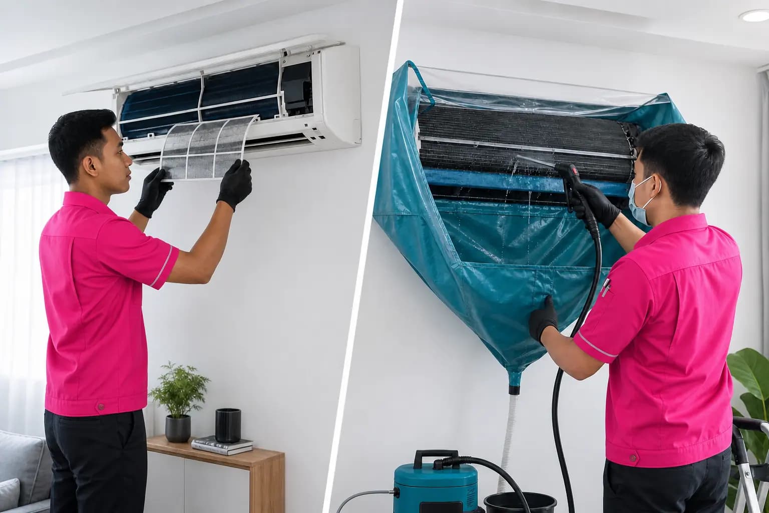 Side-by-side comparison of routine aircond servicing and protected chemical cleaning