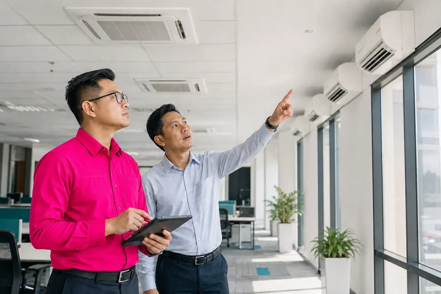 Aircond site assessor reviewing multiple office units with a facilities manager