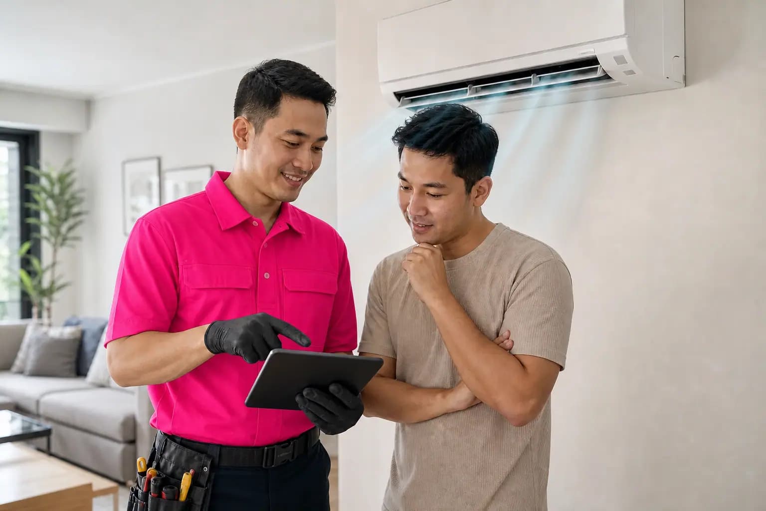 Aircond technician reviewing an agreed service checklist with a customer