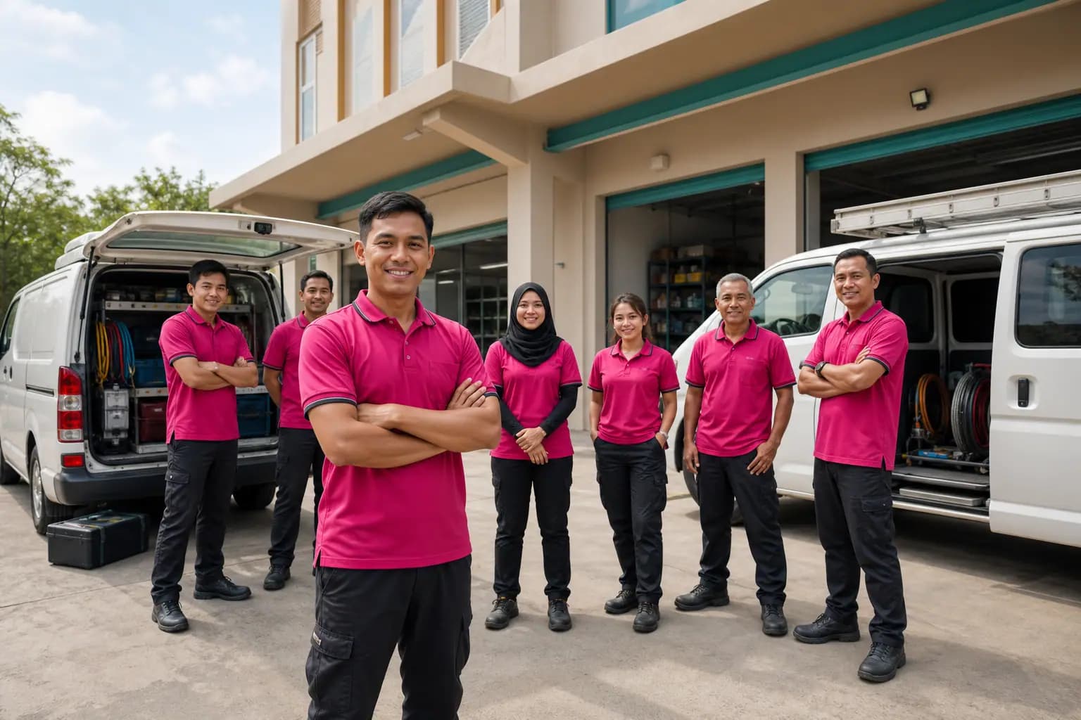 A welcoming Malaysian aircond service team ready beside equipped service vehicles
